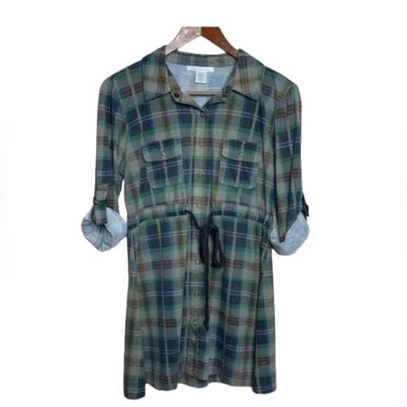 Charlotte Russe large green plaid tunic snap top ☆☆♡♡ - Picture 2 of 16